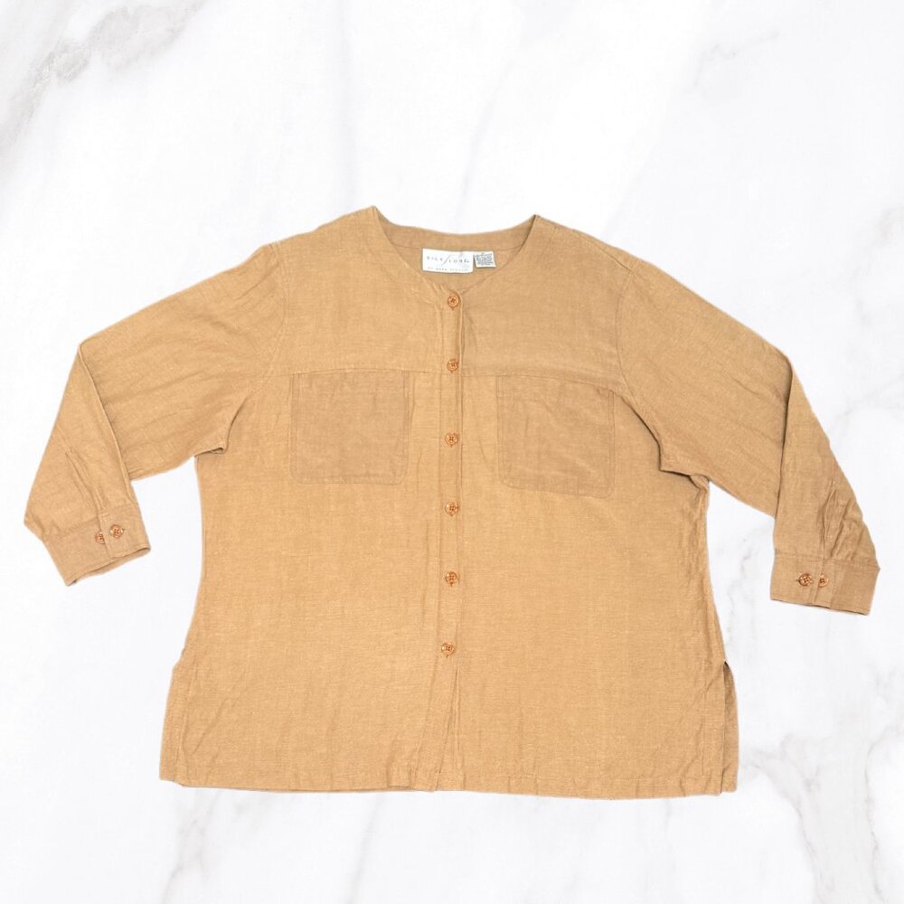 Silk Lore Women's Khaki‎ Silk/Linen Blend Collarless Button Up Blouse, Size 2X